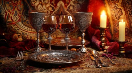 Fototapeta premium Photorealistic medieval dinner scene with ornate silverware and candlelight ambiance