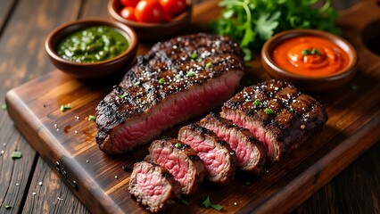 Churrasco with Grilled Picanha Steak Slices on a Wooden Board