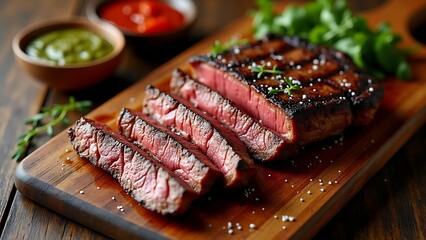 Churrasco with Grilled Picanha Steak Slices on a Wooden Board