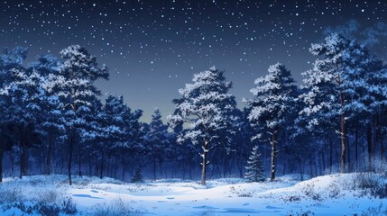 Fototapeta premium Pine trees covered with snow on frosty evening. Beautiful winter panorama