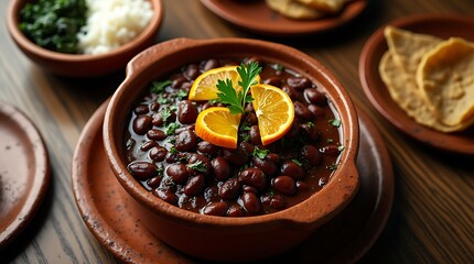 Feijoada Served in a Traditional Clay Pot with Orange Garnish