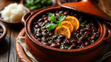 Feijoada Served in a Traditional Clay Pot with Orange Garnish