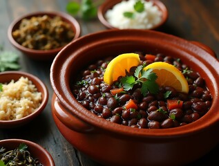 Feijoada Served in a Traditional Clay Pot with Orange Garnish