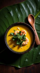 Tacacá Served in a Rustic Black Clay Bowl with Bright Yellow Tucupi Broth