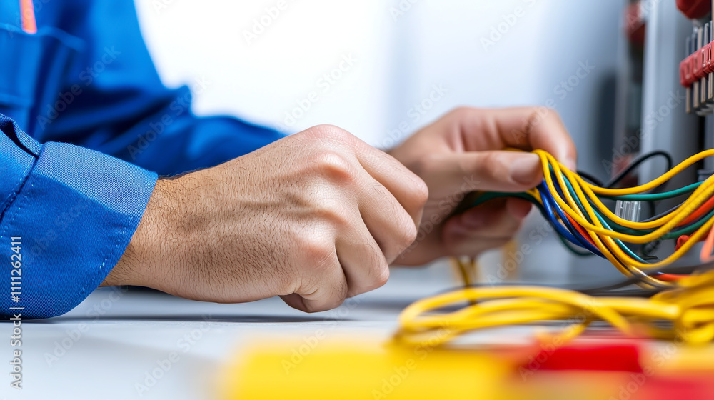 Poster troubleshooting concepts for industrial electricians. close-up of a technician's hands working with 