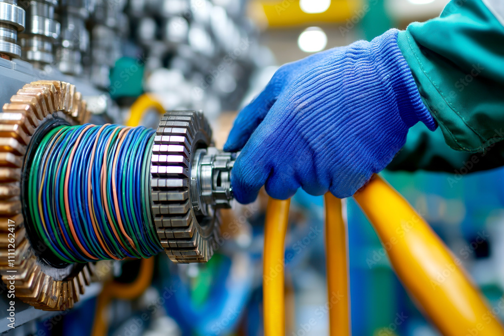 Poster troubleshooting concepts for industrial electricians. close-up of a hand adjusting colorful wires on
