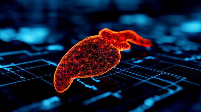 Concept of complications of diabetes, high blood sugar. Detailed image of a pancreas under glucose overload, illustrating its function in diabetes management and health conditions.