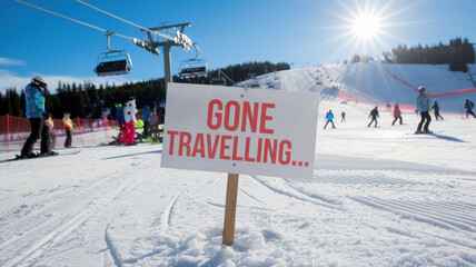 A whimsical 'Gone Travelling...' sign stands on the snowy slopes, capturing the playful spirit of winter vacations amidst skiers and a clear blue sky.