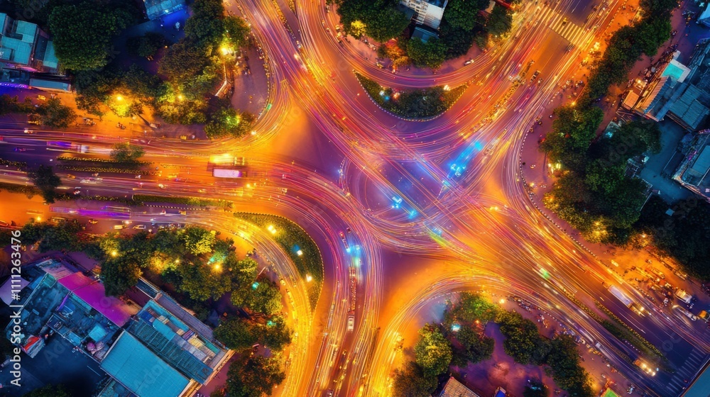 Poster aerial view of a vibrant city intersection at night showcasing illuminating lights and busy traffic 