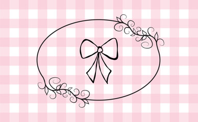 Cute coquette aesthetic ribbon bow in the ornate frame on the checkered pink white background. Isolated girly vintage elements. Vector illustration. Trendy girls hairstyle accessories