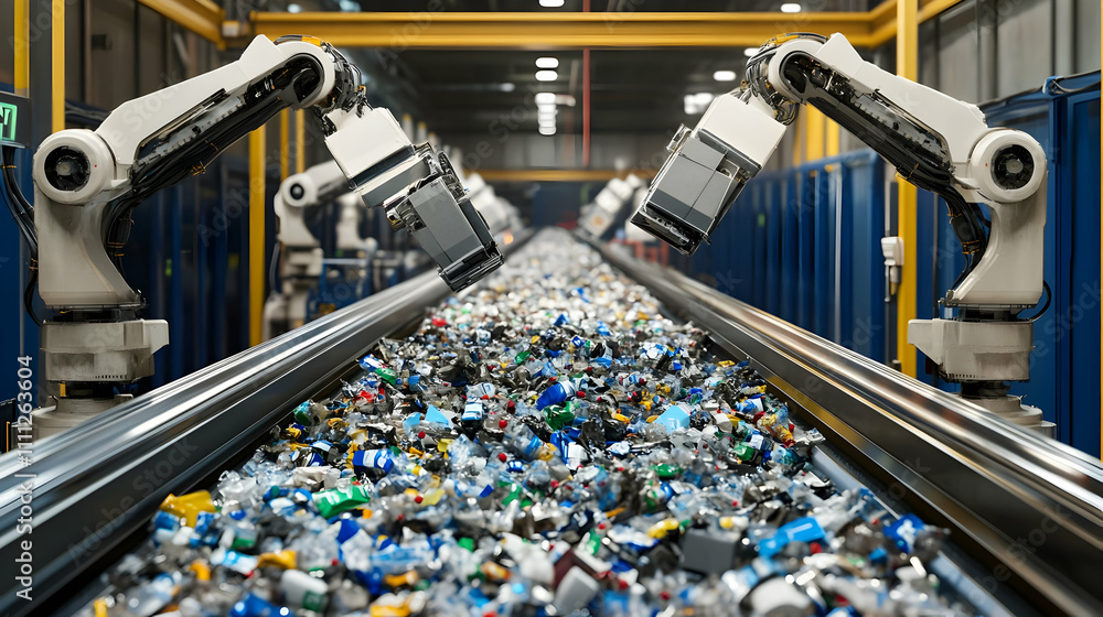Poster a robotic sorting system processes recyclable materials in an industrial facility.