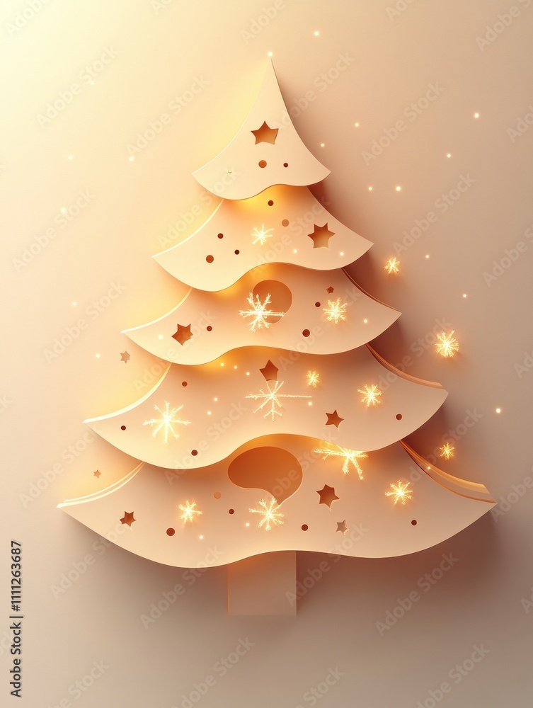Poster layered paper christmas tree stands elegantly with decorative stars and sparkles, providing a blank 