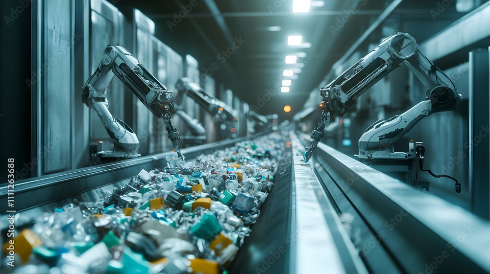 Poster robotic arms sorting recyclable materials on a conveyor belt in a processing facility.