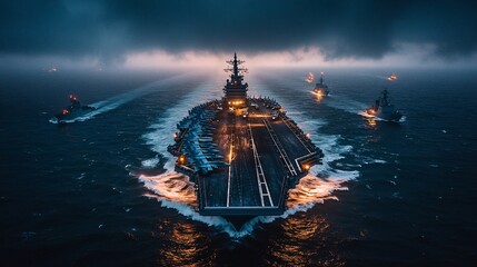 Fototapeta premium A massive aircraft carrier cruising through the dark, stormy waters of the ocean under a dramatic, overcast sky. The ship’s deck is bustling with fighter jets being prepared for launch, 