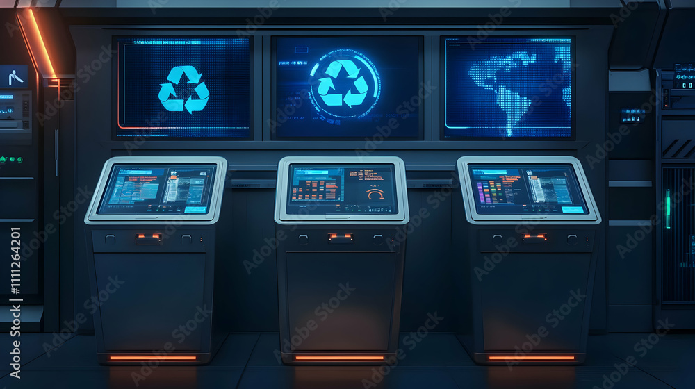 Poster futuristic control panel setup for recycling operations with digital interfaces.