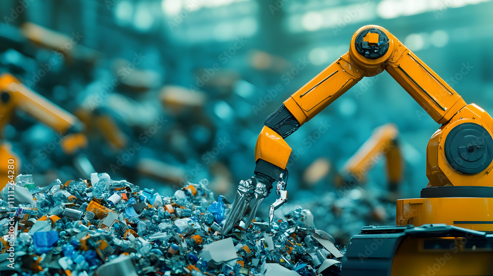 Poster a robotic arm sorting through a pile of recyclable materials in an industrial setting.