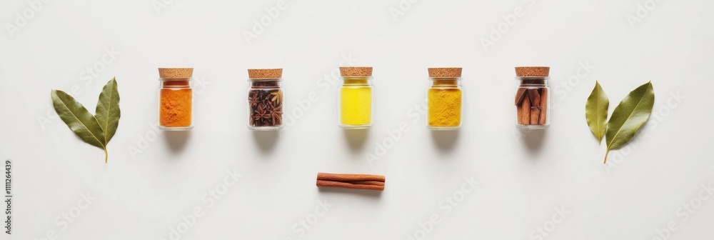 Aufkleber small jars of vibrant spices arranged with bay leaves and cinnamon sticks offer an aromatic display 