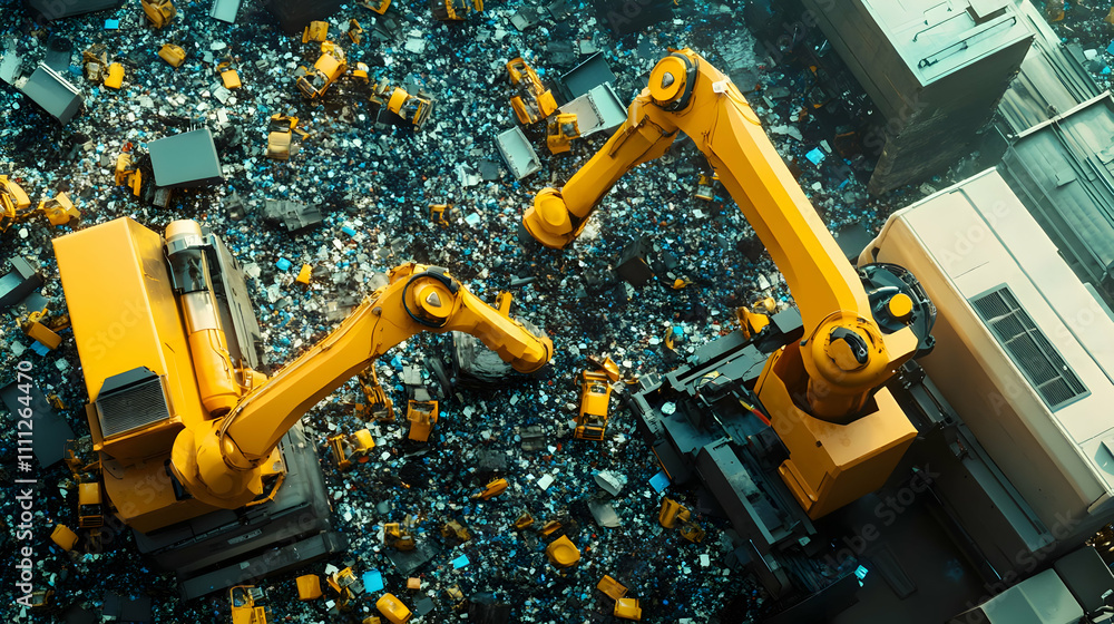 Poster aerial view of robotic arms sorting through a large pile of waste materials.