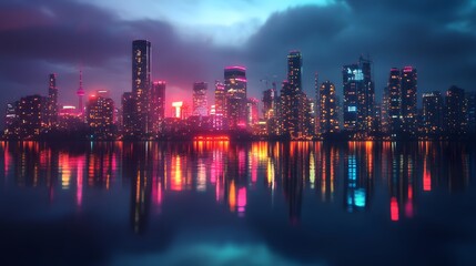 Fototapeta premium Neon City Skyline Reflected in Water