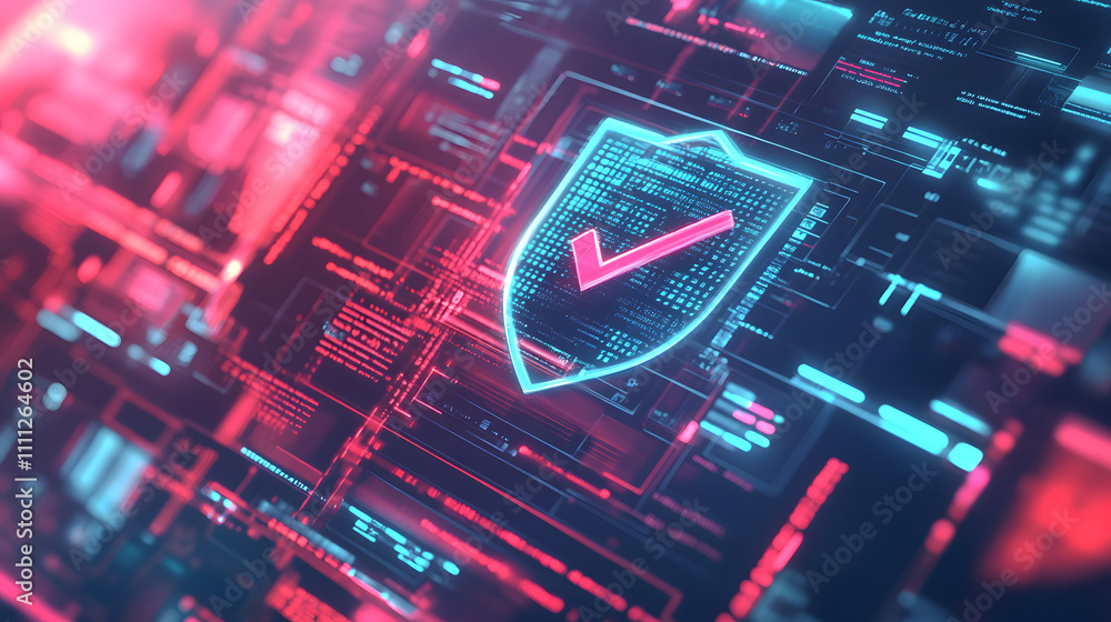 Poster a futuristic cyber security illustration featuring a digital shield with a check mark, surrounded by