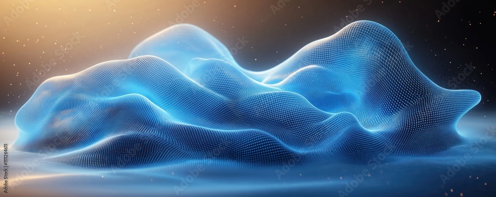 Poster Abstract digital illustration shows wavy blue design. Waveform pattern looks like digital landscape abstract data visualization. Background dark, soft light effects. Image suitable for tech