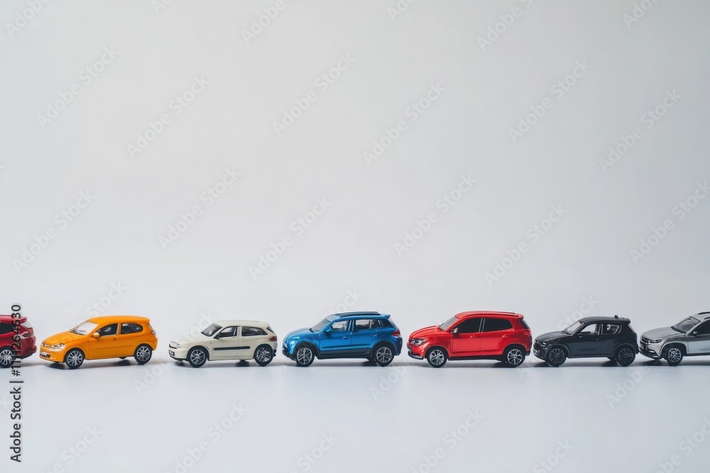 Poster Miniature car models in various colors are neatly arranged on a white surface, providing clear space for additional text or design elements. Generative AI