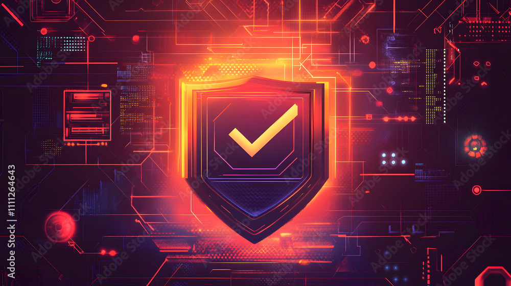 Poster a futuristic cyber security illustration featuring a digital shield with a check mark, surrounded by