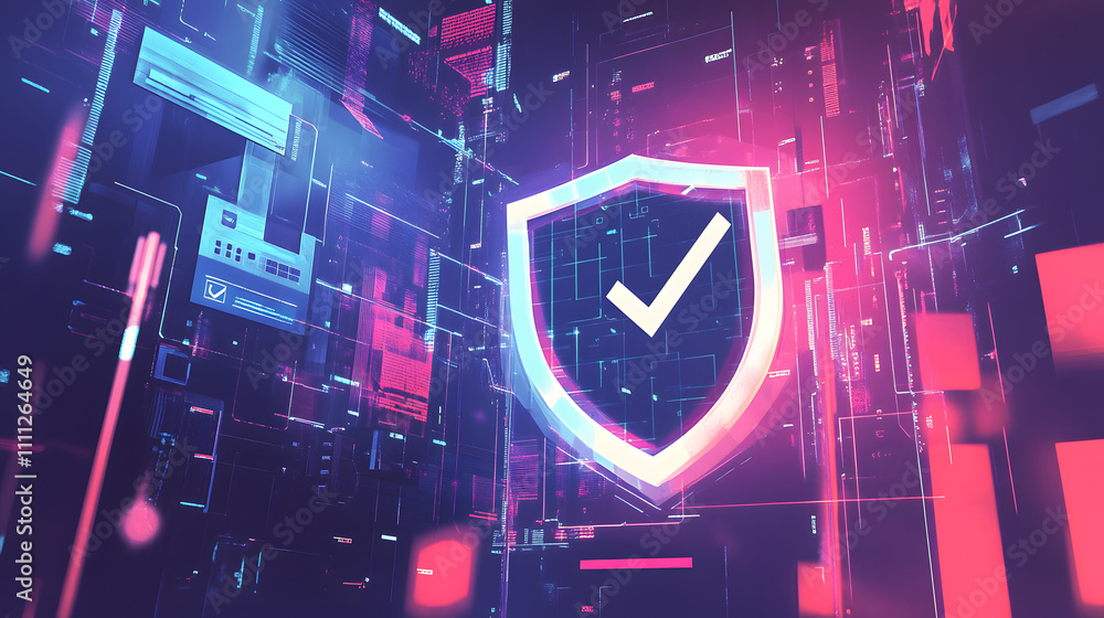 Poster a futuristic cyber security illustration featuring a digital shield with a check mark, surrounded by