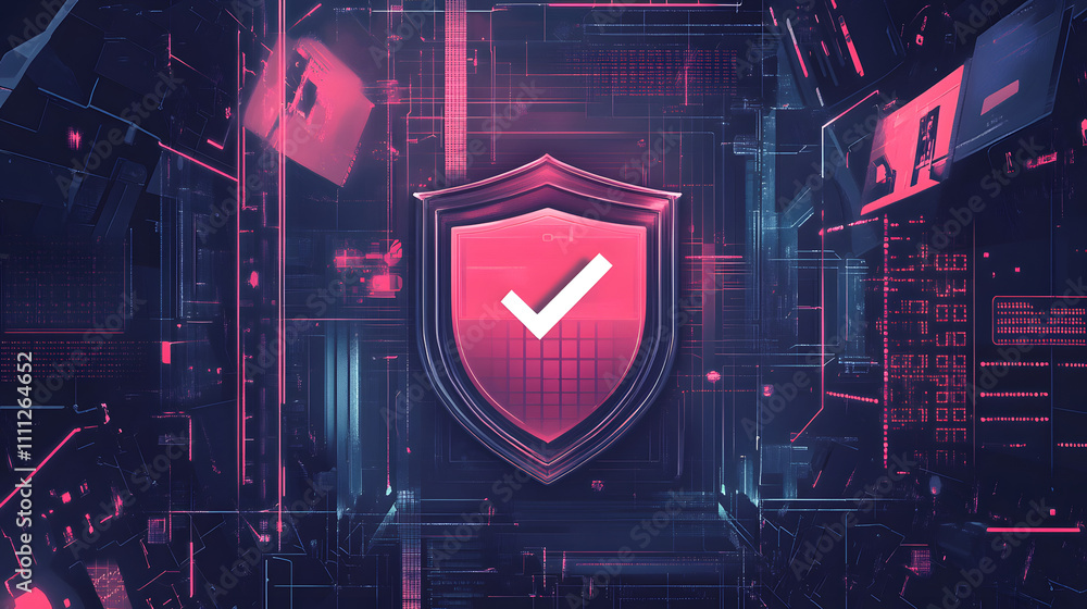 Poster a futuristic cyber security illustration featuring a digital shield with a check mark, surrounded by