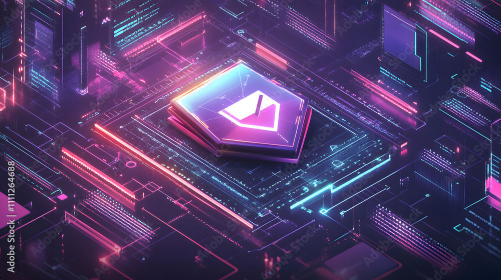 Aufkleber a futuristic cyber security illustration featuring a digital shield with a check mark, surrounded by