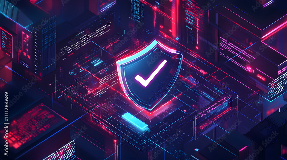 Aufkleber a futuristic cyber security illustration featuring a digital shield with a check mark, surrounded by