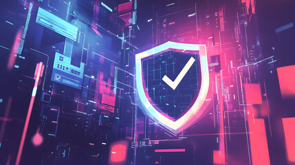 A futuristic cyber security illustration featuring a digital shield with a check mark, surrounded by code and interface elements. Perfect for representing online security, data protection, and tech.

