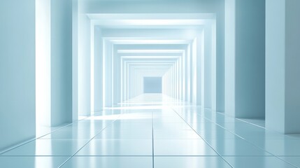 Obraz premium Bright, long, white hallway with shiny floor and vanishing point.