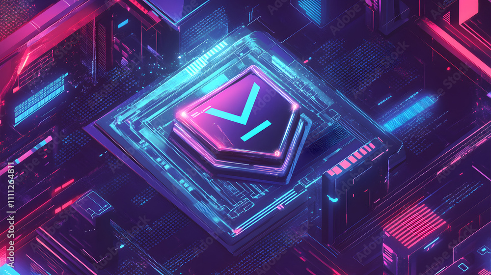 Aufkleber a futuristic cyber security illustration featuring a digital shield with a check mark, surrounded by