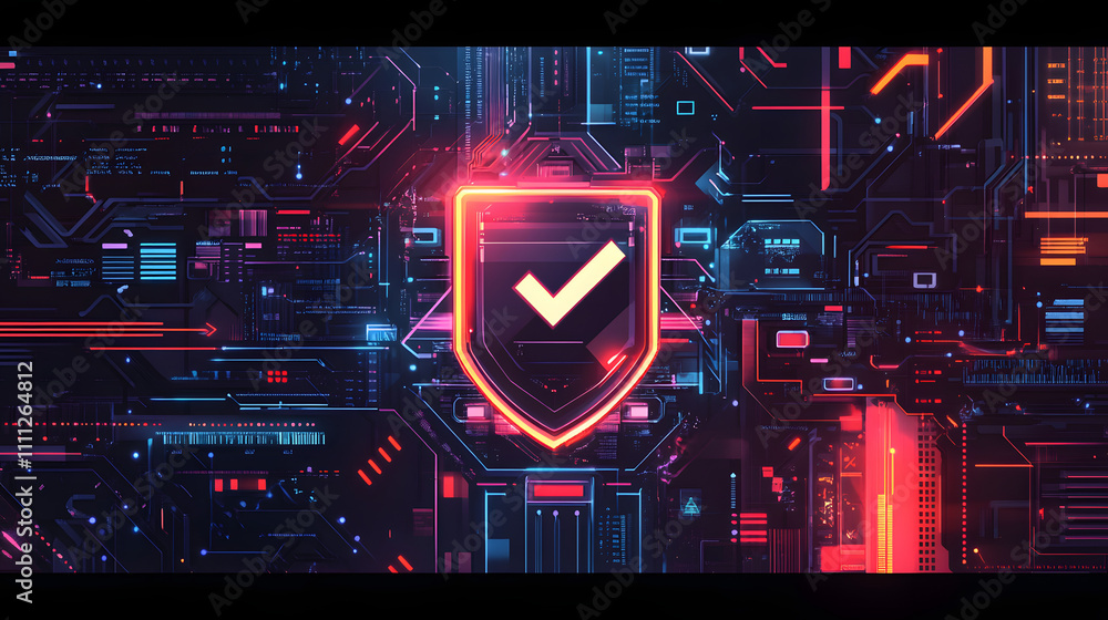 Poster a futuristic cyber security illustration featuring a digital shield with a check mark, surrounded by