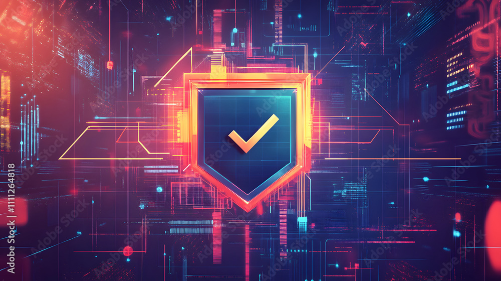 Poster a futuristic cyber security illustration featuring a digital shield with a check mark, surrounded by