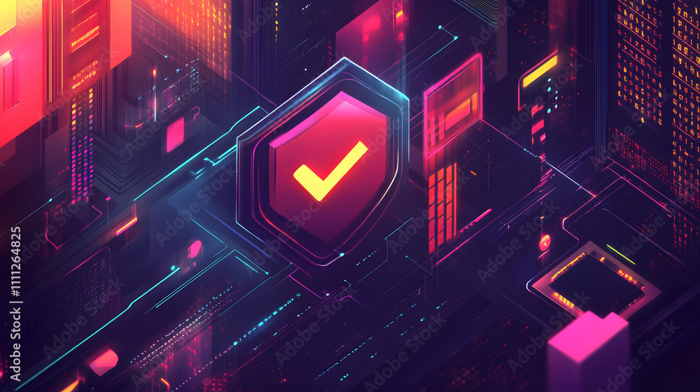 Poster a futuristic cyber security illustration featuring a digital shield with a check mark, surrounded by