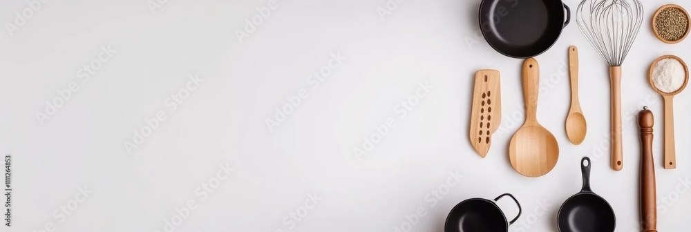 Aufkleber Kitchen utensils like spatulas and whisks are neatly arranged on a white background, offering ample space for additional text or designs. Generative AI