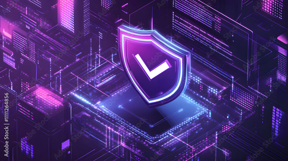 Aufkleber a futuristic cyber security illustration featuring a digital shield with a check mark, surrounded by
