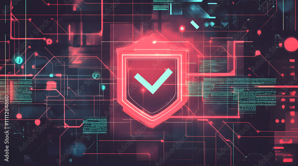 Poster a futuristic cyber security illustration featuring a digital shield with a check mark, surrounded by