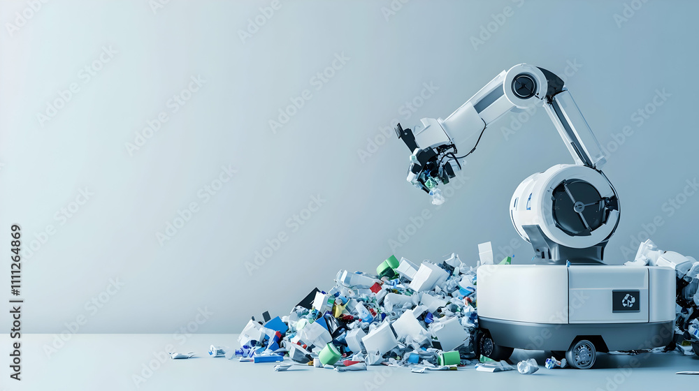 Poster a robotic arm sorting through a pile of recyclable materials for waste management.