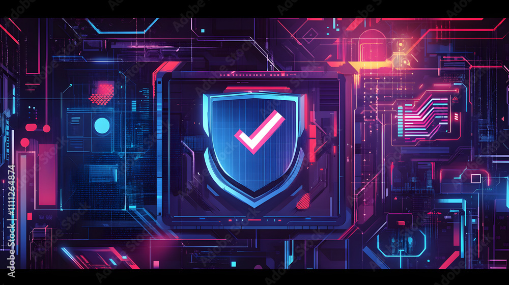 Poster a futuristic cyber security illustration featuring a digital shield with a check mark, surrounded by