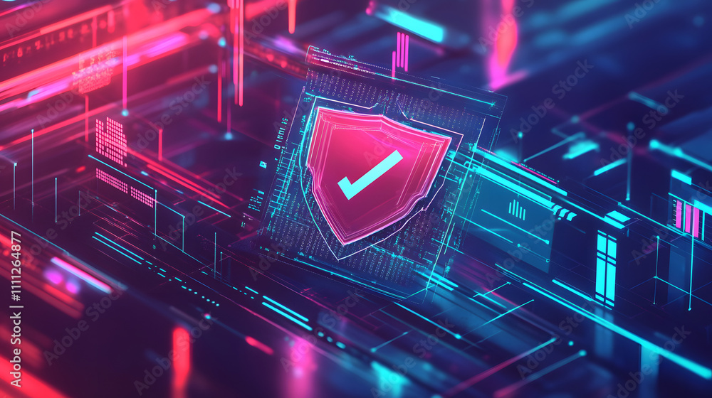 Poster a futuristic cyber security illustration featuring a digital shield with a check mark, surrounded by