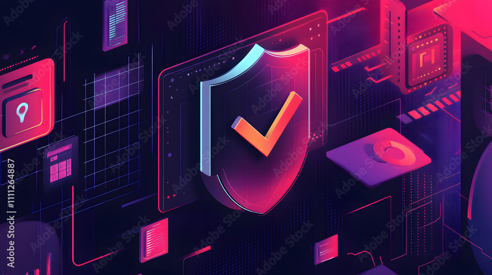 Poster a futuristic cyber security illustration featuring a digital shield with a check mark, surrounded by