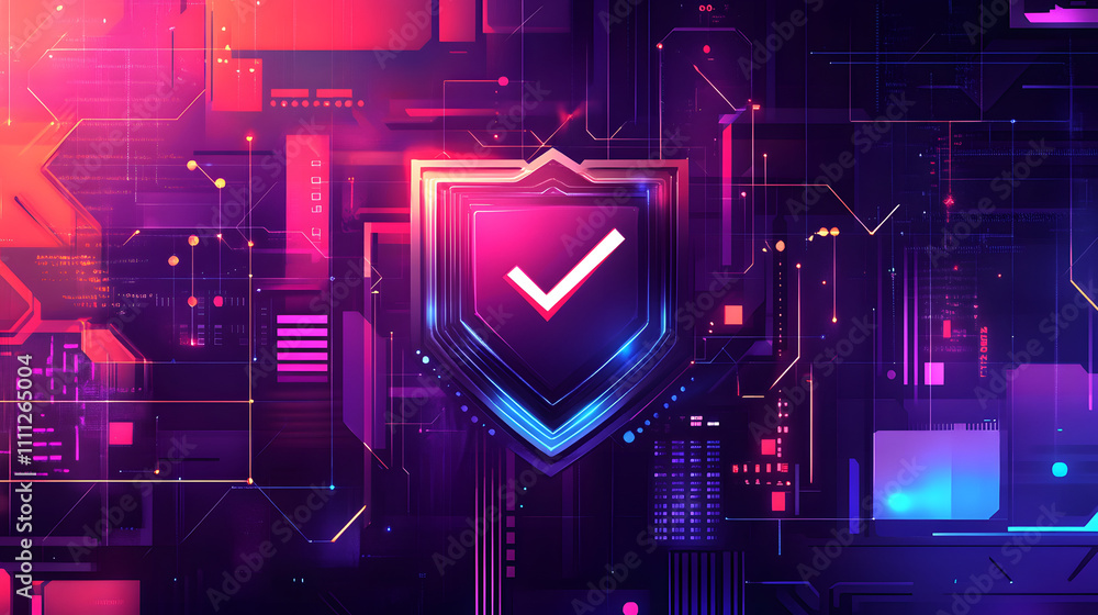 Poster a futuristic cyber security illustration featuring a digital shield with a check mark, surrounded by