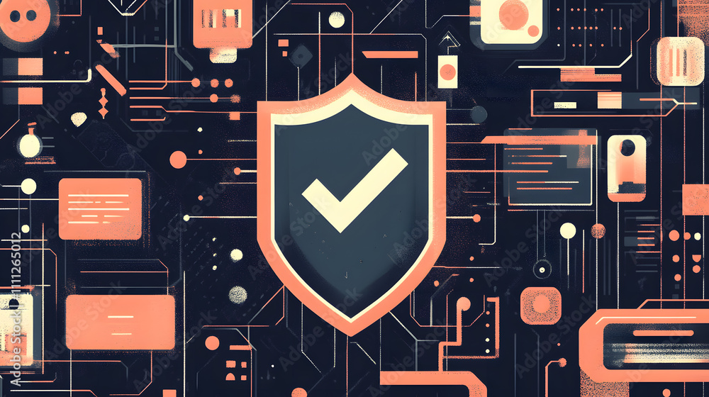 Poster a futuristic cyber security illustration featuring a digital shield with a check mark, surrounded by
