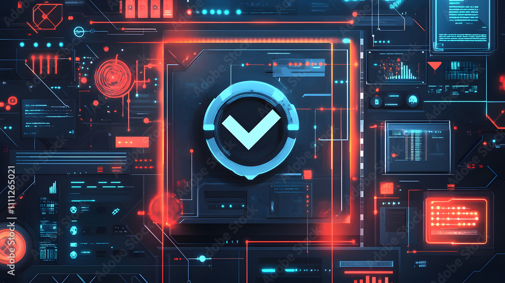 Poster a futuristic cyber security illustration featuring a digital shield with a check mark, surrounded by