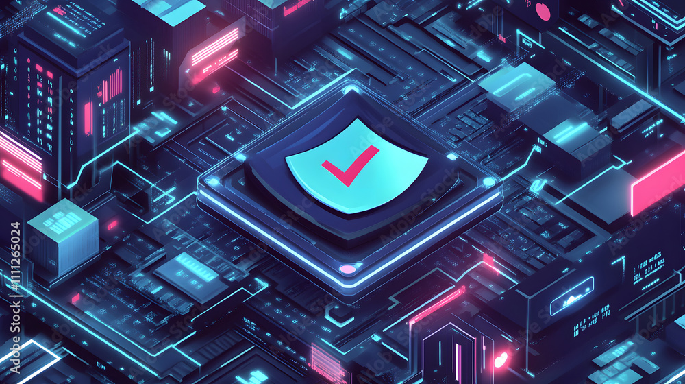 Aufkleber a futuristic cyber security illustration featuring a digital shield with a check mark, surrounded by