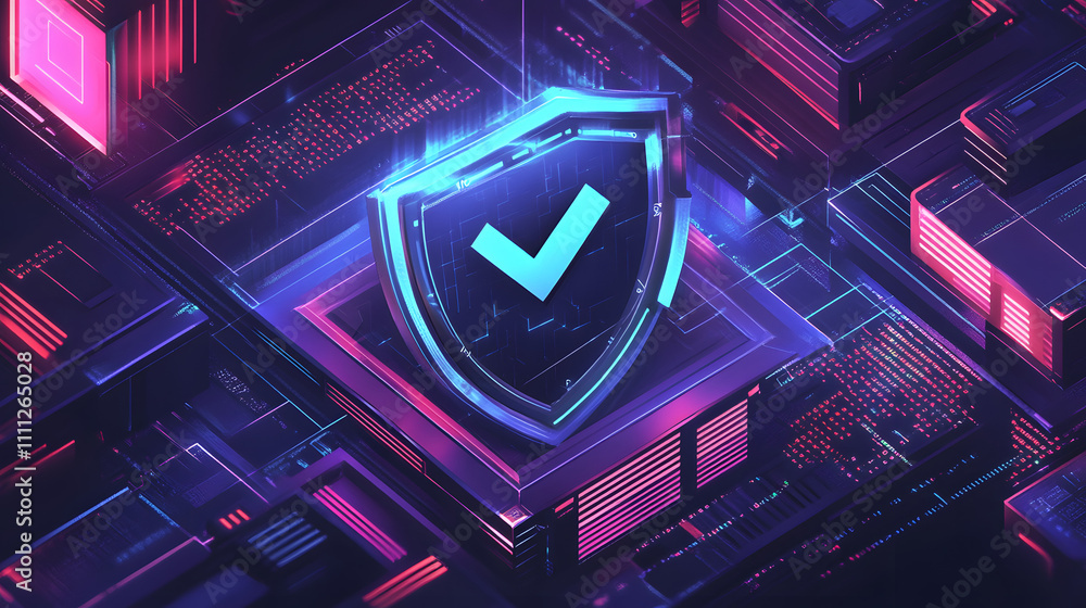 Poster a futuristic cyber security illustration featuring a digital shield with a check mark, surrounded by
