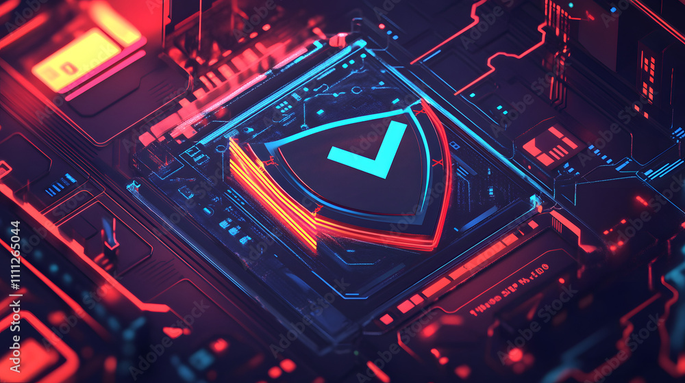 Aufkleber a futuristic cyber security illustration featuring a digital shield with a check mark, surrounded by
